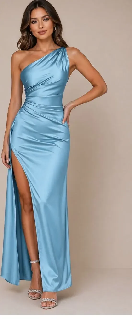 OYS one shoulder baby light blue formal gown slit bodycon Maxi dress medium NWT - Picture 1 of 2